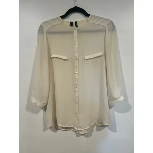 MNG Mango Minimalist Cream Long Sleeve Blouse XS Business Casual Officewear Tan