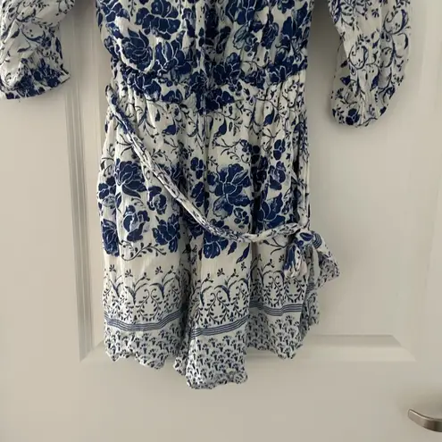 Anthropologie  Clemente Off Shoulder Floral Belted Romper Blue White