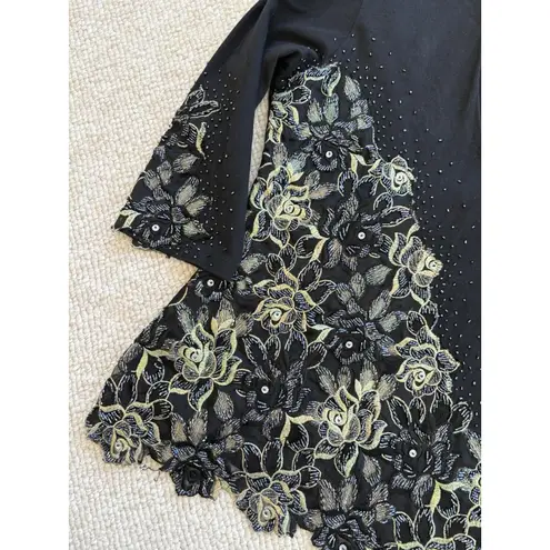 Sassy Thai Womens Black Cotton Knit Top with Hand Beading Floral Lace V Neck Lrg Size L