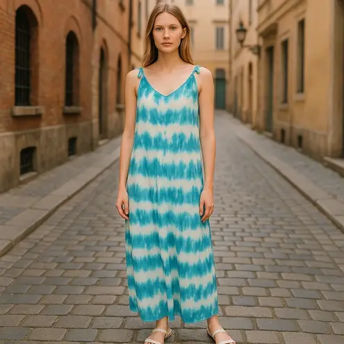 Shore Women's Sleeveless Ford Tie Dye Open Back Pullover Maxi Dress Size L NWT Blue Size L