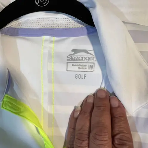 Slazenger Sleeveless Golf Tank Top w/Neon Yellow Trim Striped Pattern White-M