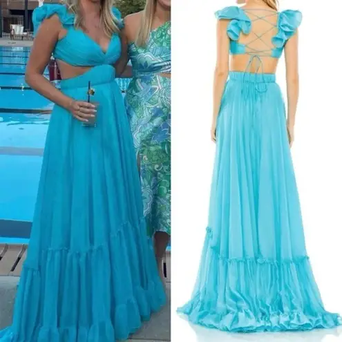Mac Duggal Ruched Ruffled Shoulder Cut Out Lace Up Gown in Turquoise US 12 NWT