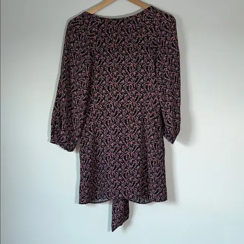 Free People Tunic Mini Dress Or Top Floral Tie Wrap Front Sz S Black