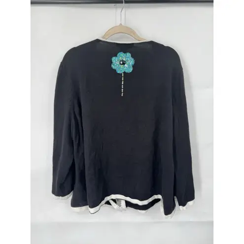 Jack B. Quick Floral Sequin Embroidered Zip Sweater Women XXL Black Retro Funky