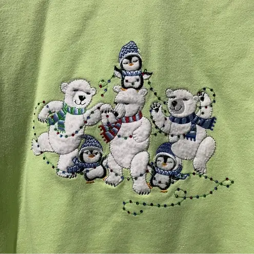 Morning Sun Polar Bear Embroidered Green Christmas Sweatshirt Size Large