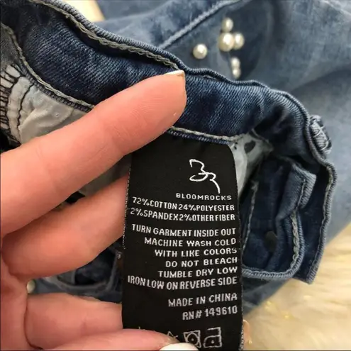 BLOOMROCKS Melrose Pearls Fray Cuff Ankles Jeans Blue Size 28