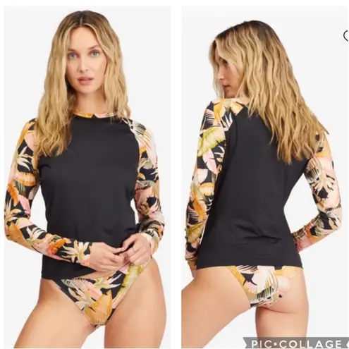 Billabong  “Wave Tribe” long sleeve rash guard floral black color block swimsuit