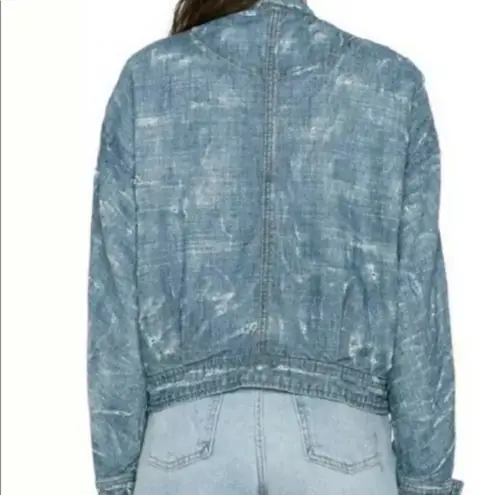 Free People  Distressed Denim Bomber Jean Jacket  Small Zip and Snap Up Front