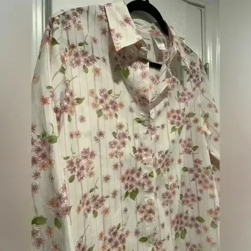 Alfred Dunner Floral Striped 3/4 Sleeve Collared Button Down Semi Sheer Size 14