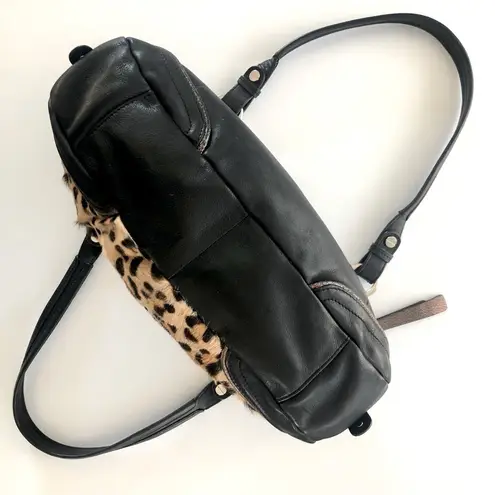 B. Makowsky Black Leather & Leopard Calf Hair Satchel Handbag