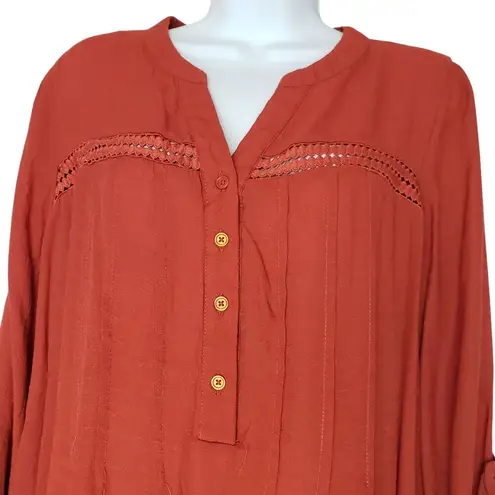 BYdesign Tunic Blouse Large Orange Crochet Roll Tab Long Sleeve V