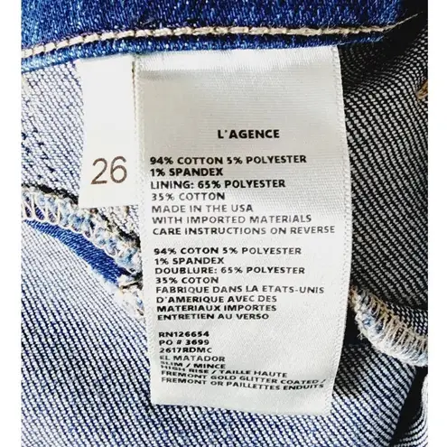 L'Agence El Matador French Slim Fit Fremont Gold Glitter Coated Jean Size 26 NEW