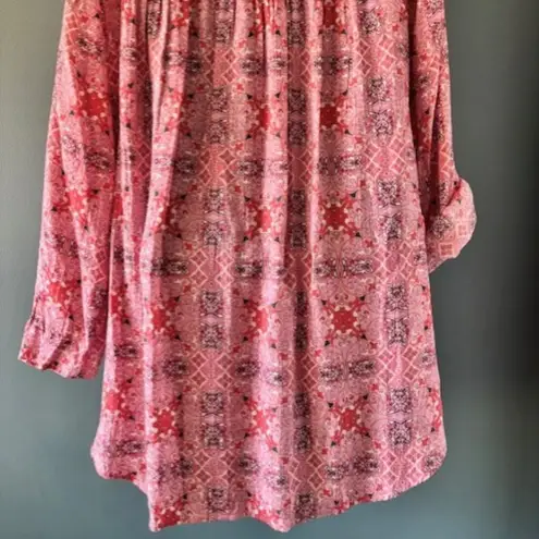 Fred David Tunic Pink 2X Floral Ethnic Roll Tab Sleeve V Neck Feminine Casual