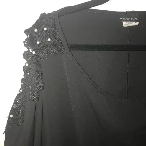 Zenobia Blouse Black Cold Shoulder Boutique Top w/ Pearls Sz 3X New Tie Front