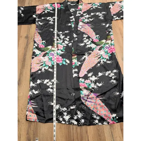 Black Satin Floral Peacock Kimono Robe Belted One Size Singapore