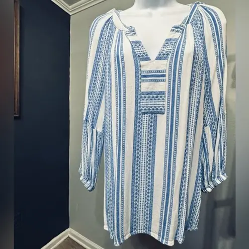 Brina & Em Colter Split Neck Boho Blue White Top Size Large