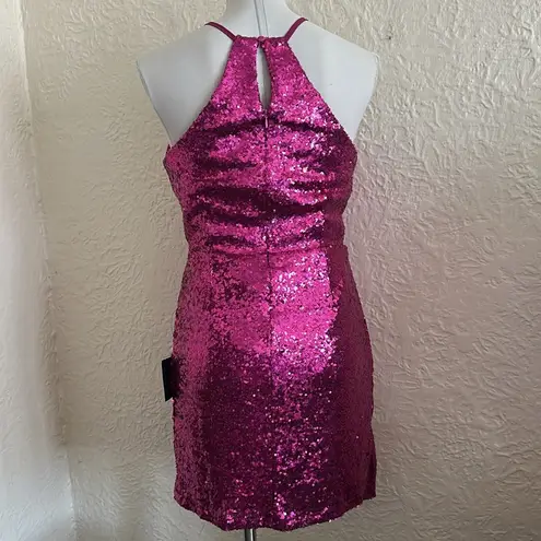 Lulu’s Hilaria Fuschia Pink Sequin Halter Asymmetrical Hem Mini Dress NWT M Size M