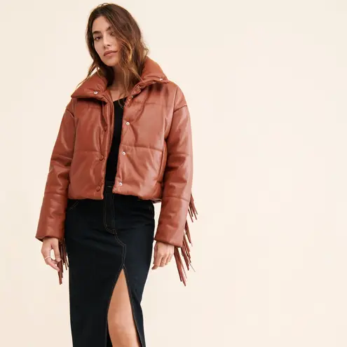 NUULY x BLANKNYC Vegan Leather Fringe Puffer Sz S Brown