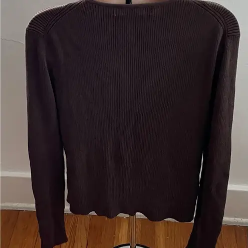 barney's new york brown silk blend ribbed long sleeve crewneck summer top, size M