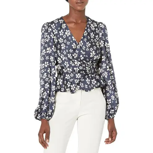 Jill Stuart Floral V-Neck Top in Marine 2 Womens Floral Blouse