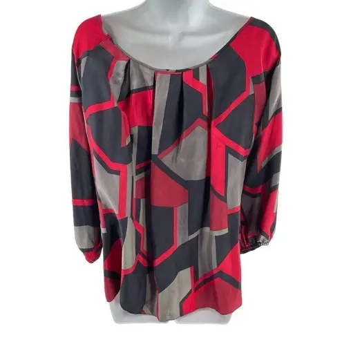 Anne Klein  silk top blouse geometric print flowy Large pleated red gray grey bla