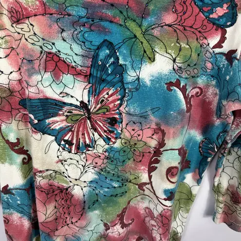 JM Collection Shirt Womens Medium Butterfly Floral Graphic 3/4 Sleeve Top Y2K