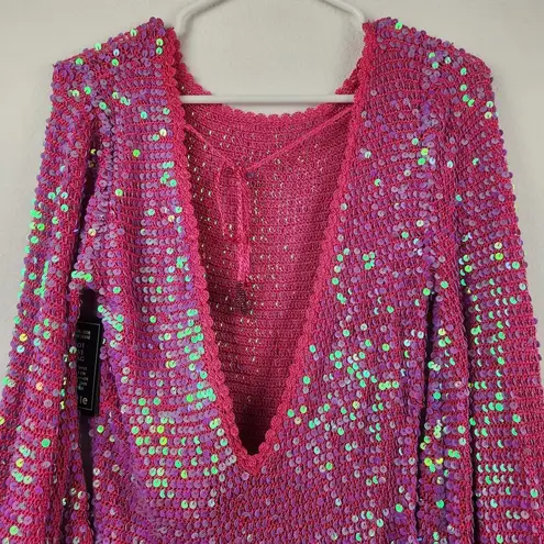 Retrofête Retrofete Tara Crochet Dress Iridescent Pink Long Sleeve XS/S NWT Sequins