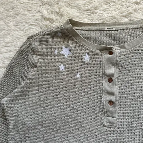 Monrow Top Oversized Crop Henley Thermal Shirt Star Embroidered Long Sleeve S