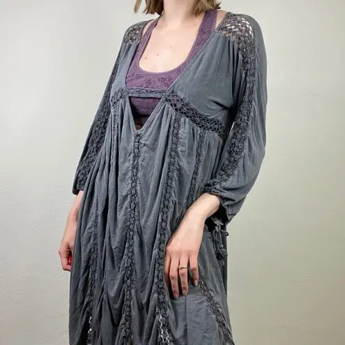 Vintage y2k Pol Grey Deep V Ladder Lace Grunge Fairy Long Sleeve Dress Size S Gray