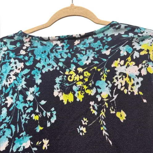 Alfred Dunner PL Floral 3/4 Sleeve Top Navy Cotton Knit Rhinestone Sparkle
