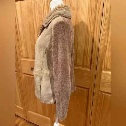 Lisa International faux suede sweater jacket faux fur trim and collar women’s M Tan Size M