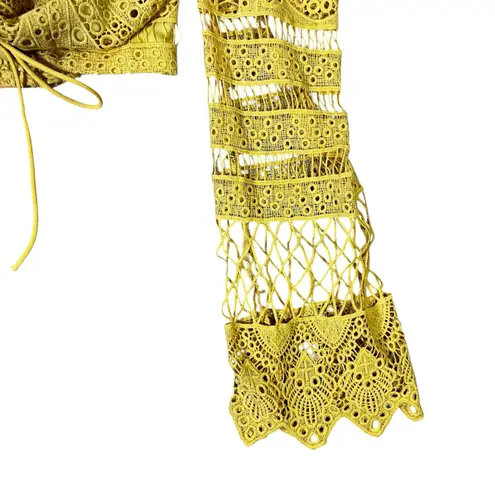 The Clothing Company Crop Top Womens L Mustard Yellow Eyelet Lace Hippie Boho