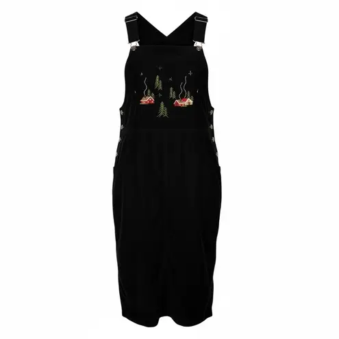 Woolrich Vintage Black Corduroy Embroidered Cabin Overall Dress Size Small
