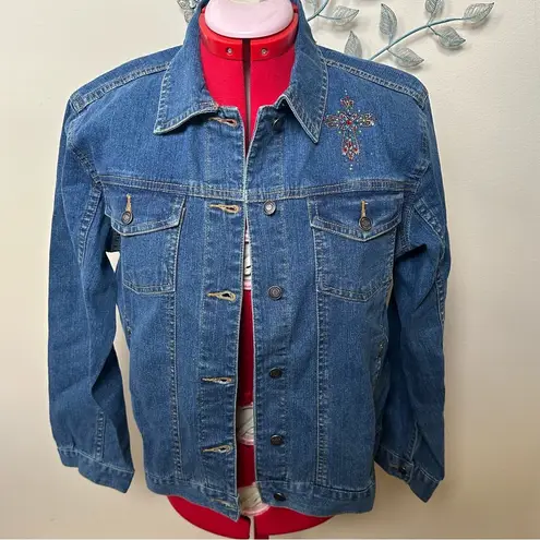 Embellished Cross/Angel jean jacket Small NWOT Blue