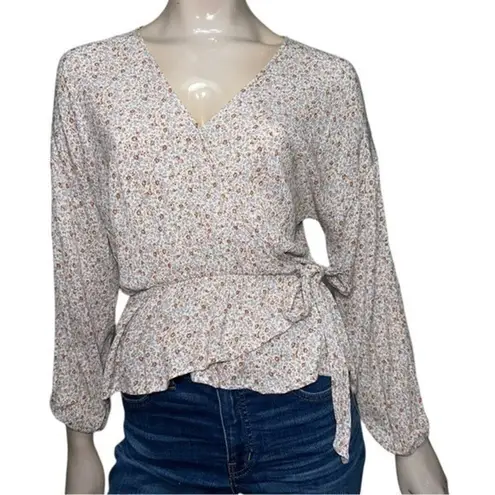 Lazy sundays  Women’s Size S Cream Floral Printed Surplice Faux Wrap Shirt