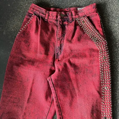 Vtg 80s Red/Black Acid Wash Jeans Womens High Waisted Embellished 7/8 USA NFR Red