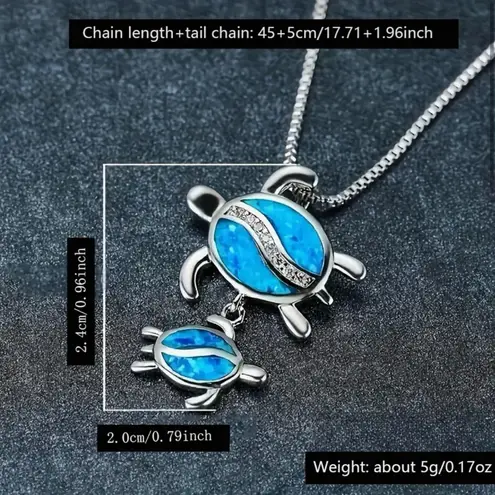 Silver Plated Tear Drop Opal‎ Turtle Parent Child Pendant, Minimalist Necklace