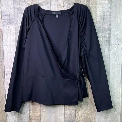 INC International Concepts XXL Long Sleeve Surplice Peplum Wrap Tie Blou… Black