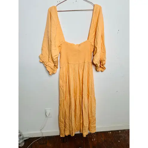 LOUNA Orange Square Neckline Puff Sleeves Chic Flowy Midi Dress size Medium