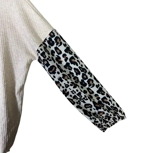 JODIFL Leopard Print Waffle Knit Top Womens M Cream Oversized Neutral Cozy