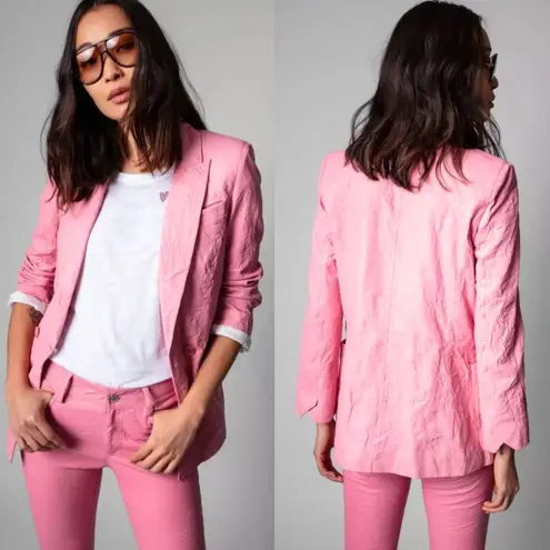 Zadig & Voltaire  Visko Crinkled Leather Flamingo Pink Double Breasted Jacket XS