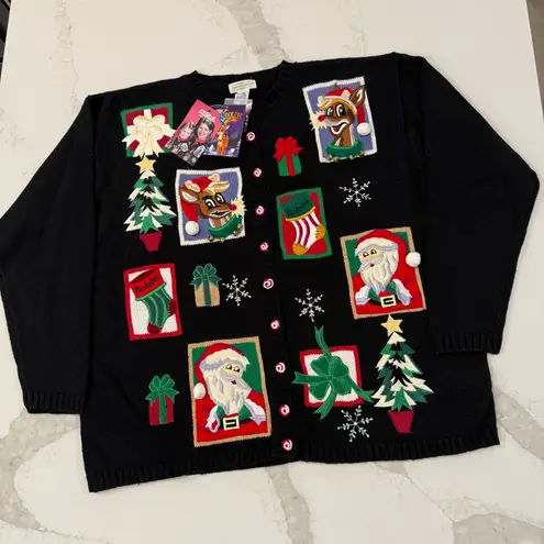 Vintage Y2K 90’s Yarnworks NWT Rudolf Ugly Christmas Cardigan Sweater Women’s 2X Black Size M