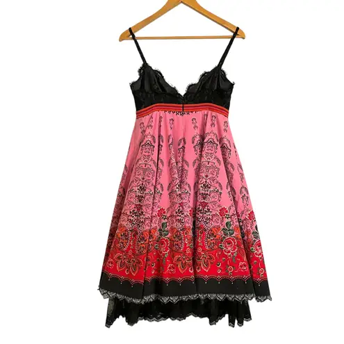 Anna Sui Vintage Archival Party Dress Black Lace Sparkling Print Pink Skirt