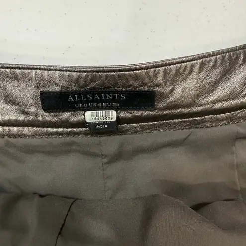 AllSaints Aisha Leather Fringe metallic mini Skirt Size 4 Silver