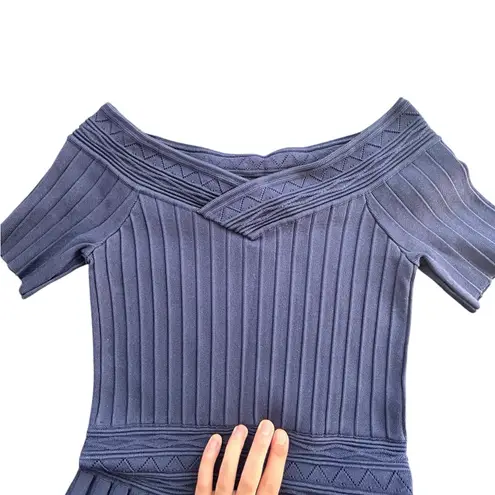 Sandro Lottie Off-the-Shoulder Rib Knit Textured Dress Size Small Navy Blue