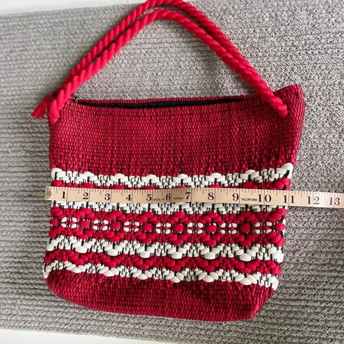 Vintage Handmade Red Black White Woven Fisherman Bag Rope Handles Brass Zipper