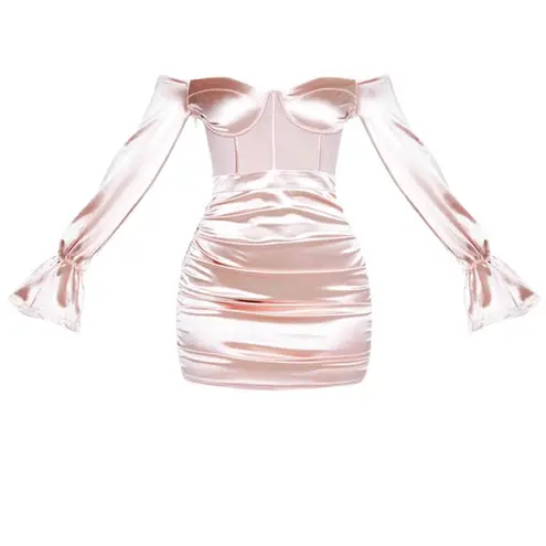Pretty Little Thing  Dusty Pink Bardot Satin Mesh Insert Ruched Bodycon Mini Dress