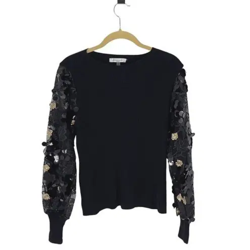 Sioni Milano Black Illusion Sheer Floral Embellished Sleeve Sweater Size Small