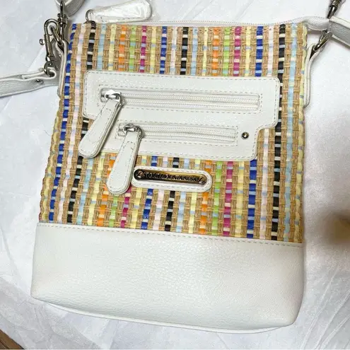 Stone Mountain Woven Rainbow Wicker and White Leather Crossbody Bag