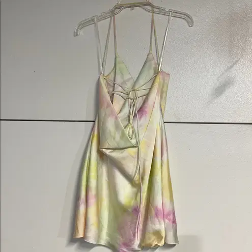 ZARA  WOMENS TIE DYE WATERCOLOR SATIN COWL NECK MINI SLIP DRESS XL PINK YELLOW